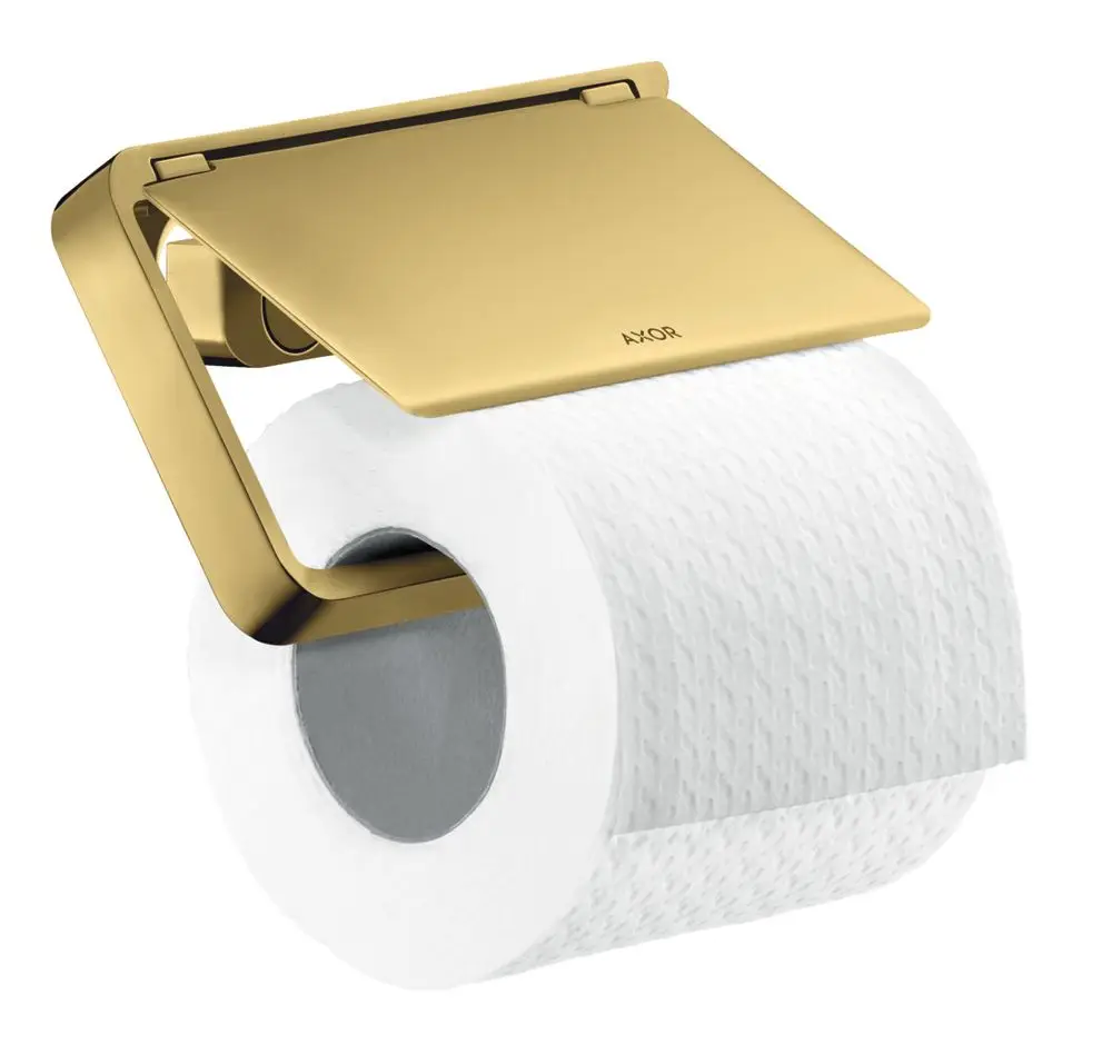 Toilettenpapierhalter in Goldoptik mit Deckel, montiert an einer Wand. Das Produkt ist von AXOR und präsentiert eine klare Linienführung.